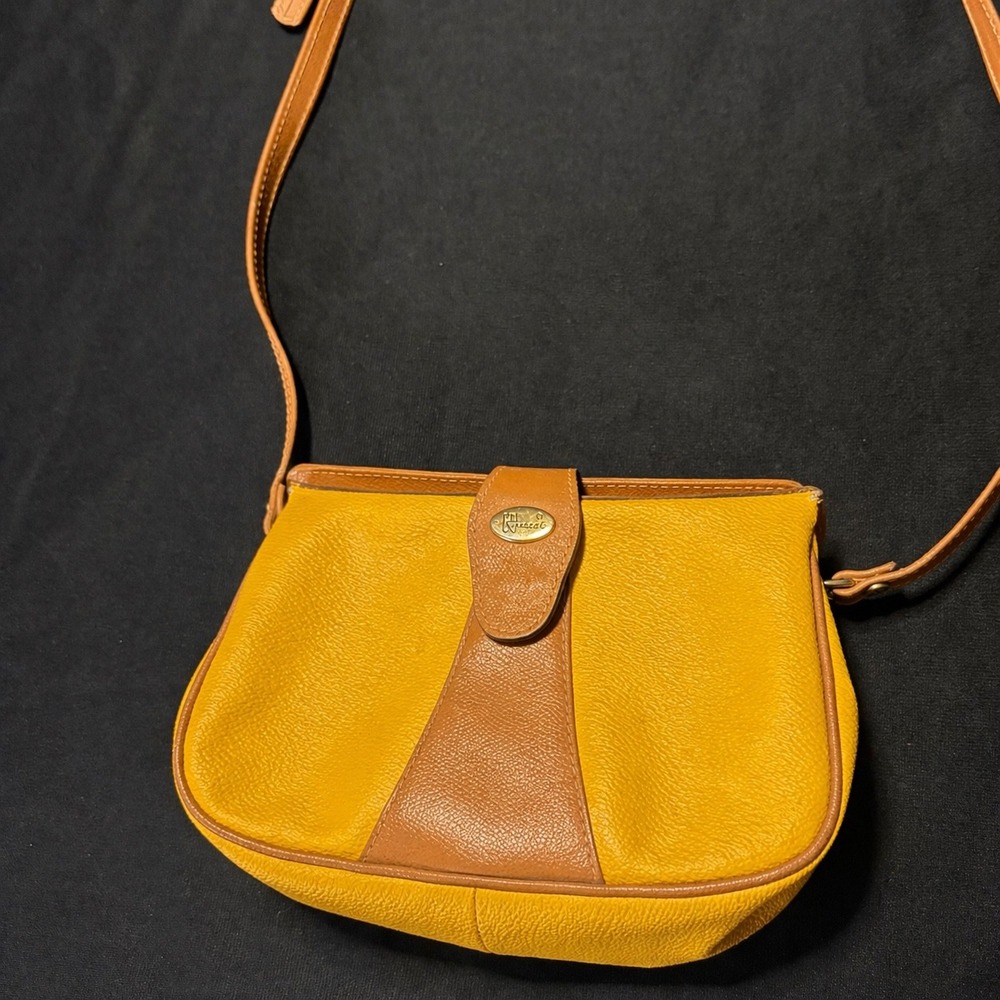 Vintage Harpel Yellow Pebbled Leather Crossbody Bag Brown Trim Sm 90s Y2K Purse